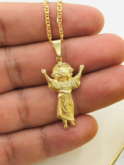 14K Gold Filled Baby Jesus Charm Pendant Necklace 31x19 for Ladies Girls Boys/Divino Nino Necklace/Mariner Link Chain 18"/Cadena Divino Nino