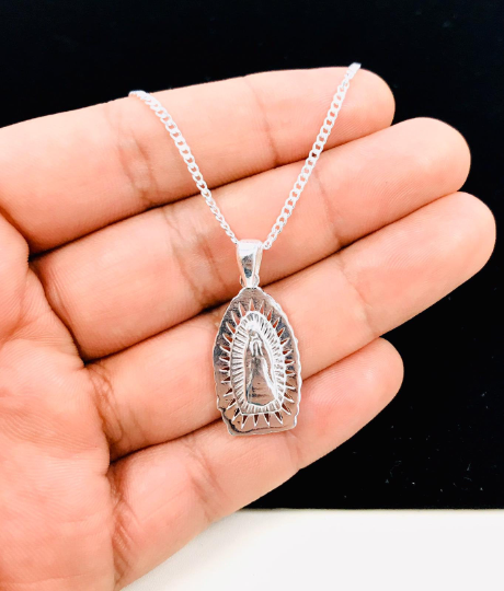 Virgen de Guadalupe Necklace 18” Sterling Silver For Women 28x13mm / Diamond Cut Guadalupe Necklaces / Cadena y Dije de la Guadalupe Plata Pura