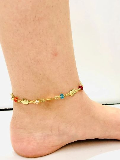 Pulsera de Pie en Oro Laminado para Mujer de Elefante/ Everyday Anklet Bracelet/Elephant Anklet bracelet 10"/Multicolor Stones/Foot Bracelet