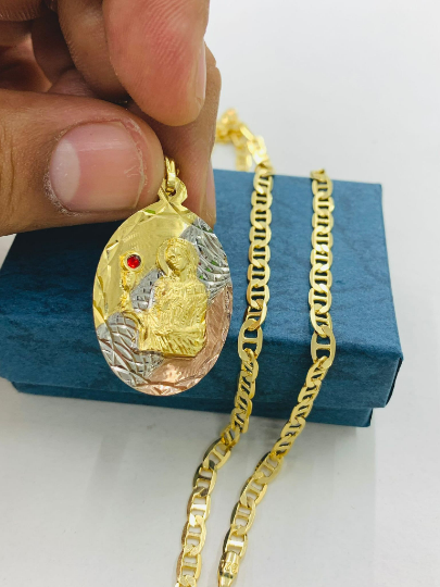 Womens Mens Dainty CZ Santa Barbara Necklace Pendant in Gold Filled / St Barbara Pendant Charm 33x22mm / Mariner Link Anchor Chain Necklace