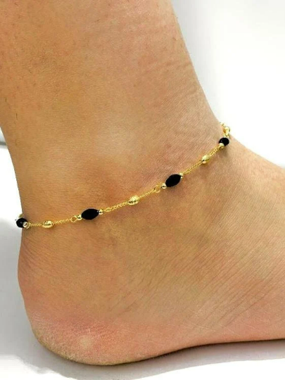 Dainty Black Beads Anklet Bracelet 10" in Gold Filled/ Women's Anklet Bracelet/Everyday Bracelet for Foot/ Gold Anklet Bracelet Womens Chain