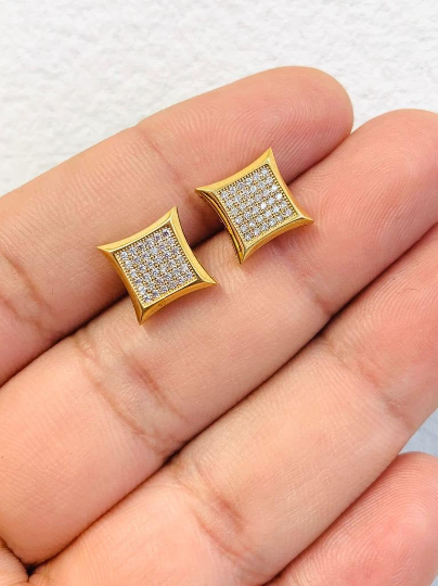 CZ Stud Earrings Solid Yellow Gold 10K 10.7x10.7mm  Length 9mm