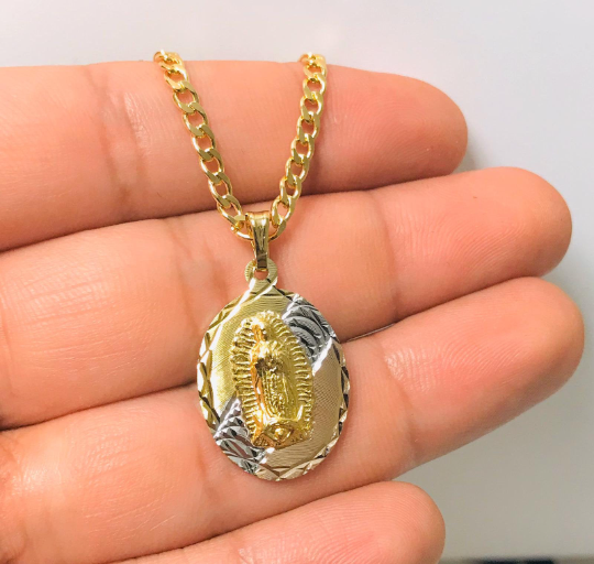 14K Gold Filled Our lady Of Guadalupe Necklace 24" Guadalupe Tri-Color Pendant 26x18mm / Cadena y Dije de La Virgen de Guadalupe Oro Laminado