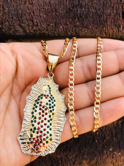 14K Gold Filled Virgen de Guadalpe Necklace 24” Pendant CZ Stones Mexican Flag 56x30mm