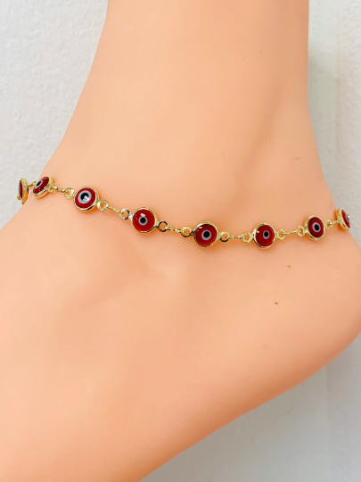 Red Evil Eye Anklet Bracelet 10" / 18K Gold Filled Anklet Bracelet / Womens Bracelet / Tobillera Mal de Ojo / Pulsera de Pie Mal de Ojo en Oro Laminado / Evil Eye Bracelet