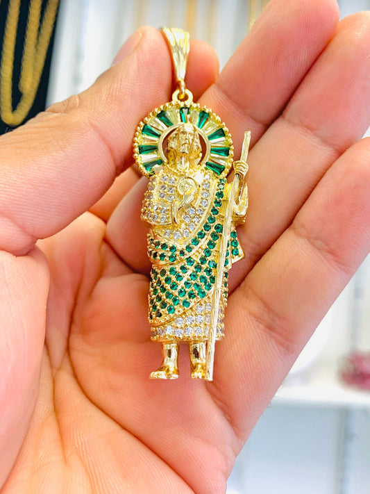 18K Gold Filled San Judas Pendant 2.3x1” 15g / Saint Jude Pendant with Green and Diamond Stones / Dije Medalla de San Judas en Oro Laminado