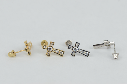 14K Solid Gold Cross Earrings CZ Stones Screw Back 11x7mm for Womens / Aretes de Cruz en Oro Solido Real para Mujer  / CZ Gold Cross Stud Earrings