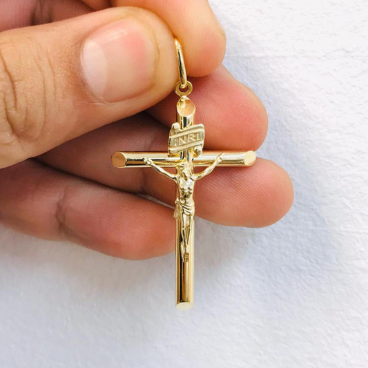 INRI-14K Yellow Gold Classic Cross Pendant With Jesus Christ 44x26mm