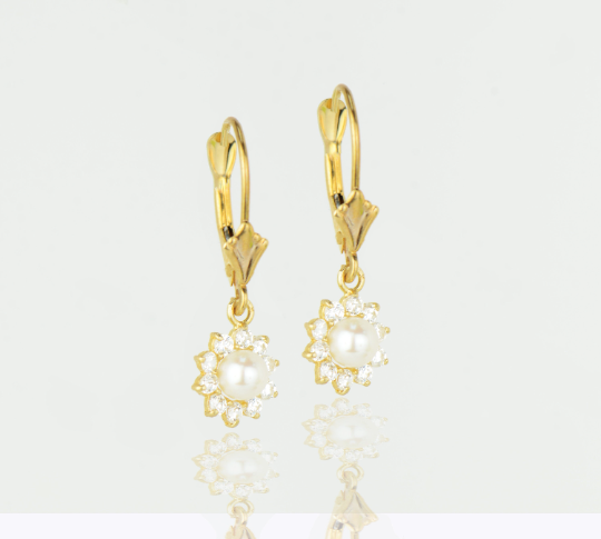 14K Yellow Gold Flower Dangle Earrings with White Pearl