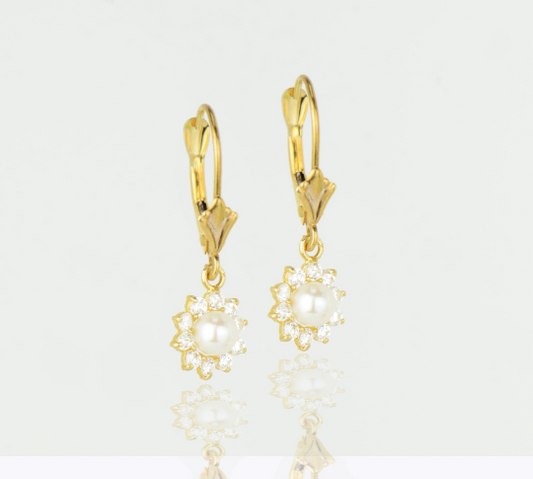 14K Yellow Gold Flower Dangle Earrings with White Pearl