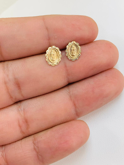 14K Gold Virgen de Guadalupe Baby Childrens Earrings Screw Back Diamond Cut 9x7mm