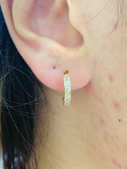 Womens Huggies Earrings CZ Stones 10K Yellow Gold Micro Pave Huggies Earrings 14x14 Dainty Hoop Earrings Mens Earrings Argollas en Oro Real