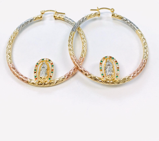 14K Gold Filled Virgen de Guadalupe Hoop Earrings 2x2", CZ Stones Mexican Flag