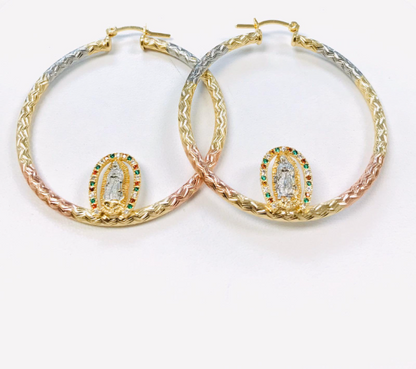 14K Gold Filled Virgen de Guadalupe Hoop Earrings 2x2", CZ Stones Mexican Flag