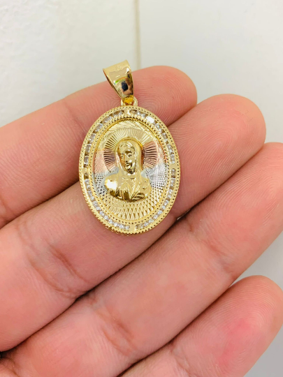 Virgin Mary Pendant CZ Stones for Women's Men's Tri Color Pendant / Dije de la Virgen Maria Oro 28x20mm / Gold Filled Dainty Virgin Pendant / Medalla de la Virgem Maria