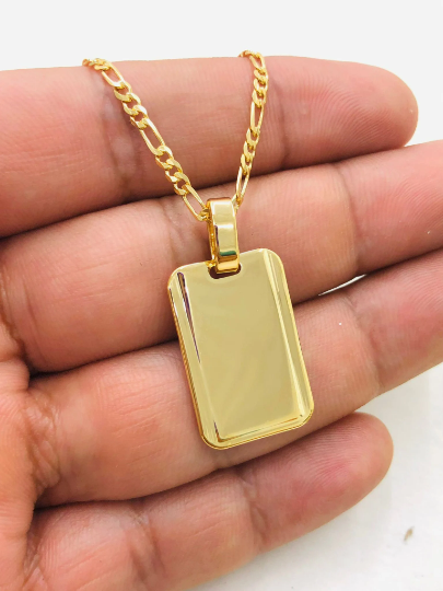 14K Gold Filled ID Tag Military Necklace/ Womens Necklace with Personalization/ Hanging Figaro Necklace 20"/ Personalization Dog Tag Pendant