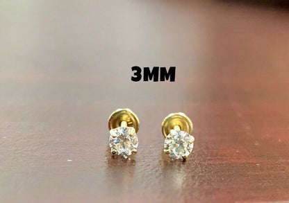 CZ Stud Round Solitaire Earrings Screw Back 10K Yellow Gold Earrings Womens Mens 3mm Everyday Earrings Dainty / Aretes de Oro 10K Real Piedra Zirconia