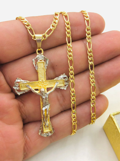 Two Tone Cross Necklace Charm Pendant for Mens 24" / Cross Charm Pendant 2x1.2" / Figaro Chain Necklace 3mm / Cadena de Cruz para Hombre