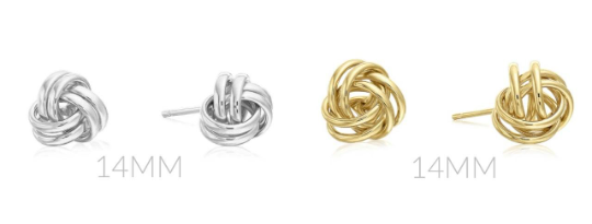 14K Yellow/White Gold, Stud Earrings Push Back 14mm, Polished Love Knot