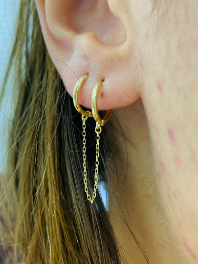10K Yellow Gold Dainty Handcuff Earrings Double Piercing Huggies Hoop Earrings 11x11 Women's Ladies Hoop Chain Earrings Connected Earrings