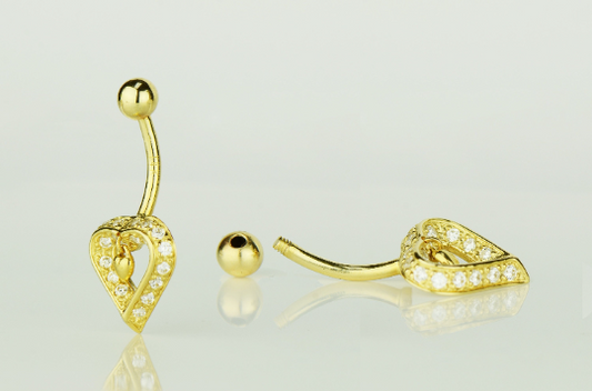 14K Yellow or White Real Gold CZ Dangle Heart Navel Belly Button Ring / Aretes para el Ombligo en Oro Solido Real de Corazón / Gold Body Jewelry / Womens Jewelry Piercing