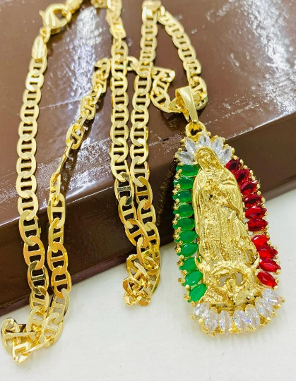 CZ Virgen de Guadalupe Necklace Mexican CZ Stones Pendant 44x20 in Gold Filled Guadalupe Charm Pendant Mariner Link Chain Dije de Guadalupe