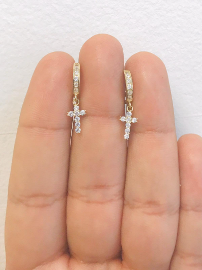 10K Solid Gold Dangle Cross Earrings 12x13mm 2mm CZ Stones / Crucifix Dangling Cross Earrings for Womens with Cubic Zirconia Stones / Aretes Colgantes de Cruz Oro Real 10K