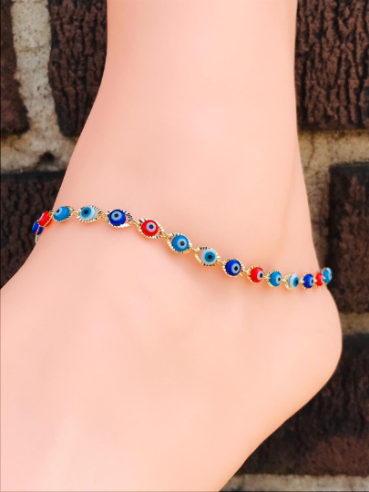 Women's Girls Evil Eye Anklet Bracelet Good Luck & Protection Jewelry Pulsera para el de Pie Mal de Ojo Para Mujer Oro Laminado