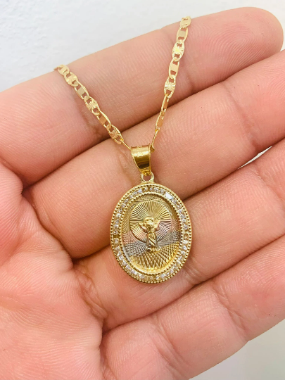 14K Gold Filled Divino Niño Pendant with Valentino Chain / Baby Jesus Medal 24x18mm / Medalla y Cadena del Divino Niño 20" de Oro Laminado