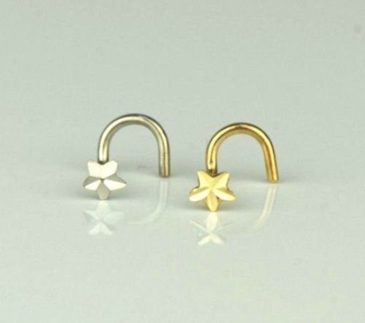 14k Yellow/White Gold Diamond cut Nose Star Piercing Stud / Nose Piercing Curve Stud for Womens / Body Jewelry Nose Piercing / Aretes de la Nariz de Oro Para Mujer