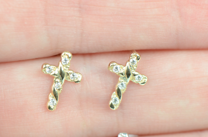 CZ Diamond Cross Stud Earrings, Cross Earrings Screw Back , 14K Yellow/White Gold