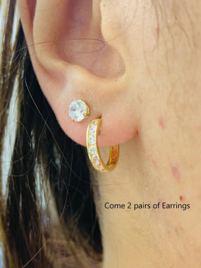 Set Double Earrings Huggies Stud Earrings Push Back 14x14 Hoop CZ Stud Earrings 6x6 10K Yellow Gold CZ Earrings for Womens Everyday Jewelry