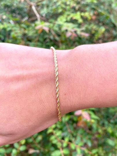 18K Gold Filled Rope Link Bracelet 7" For Women, Rope Link Chain