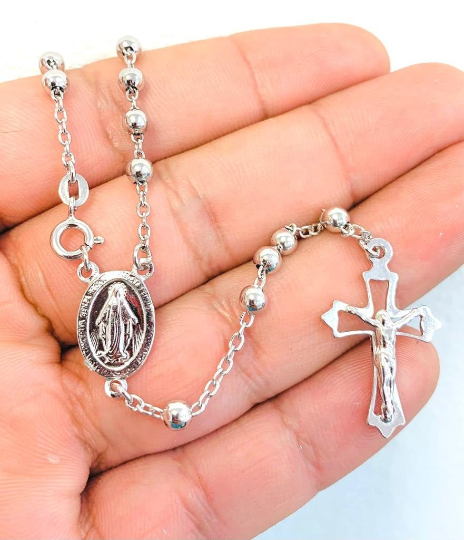 Virgen de Guadalupe Rosary Jesus Necklace 925 Sterling Silver 18" 3.2mm 5.5g