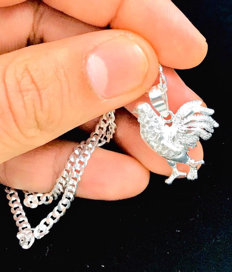 925 Sterling Silver Chicken Rooster Necklace, Rooster Pendant 26x22mm