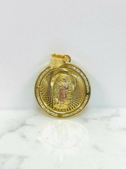 14K Gold Filled Virgen de Guadalupe Necklace Pendant 28x25 Valentino Chain.