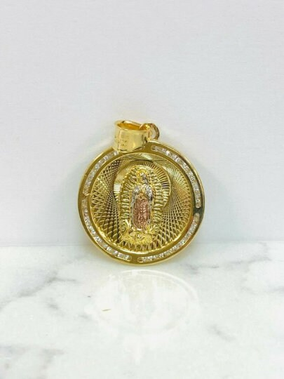 14K Gold Filled Tri Color Virgen de Guadalupe Necklace 28x25 Figaro Chain for Womens
