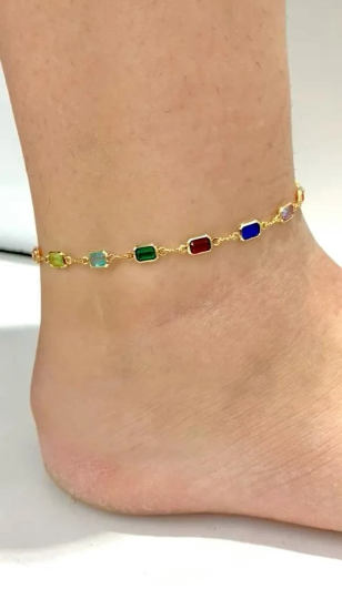 CZ Multi Color Anklet Bracelet 10" for Womens Bracelet for Foot Everyday Jewelry Gold Bracelet Stones Pulsera de Pie para Mujer Oro Laminado