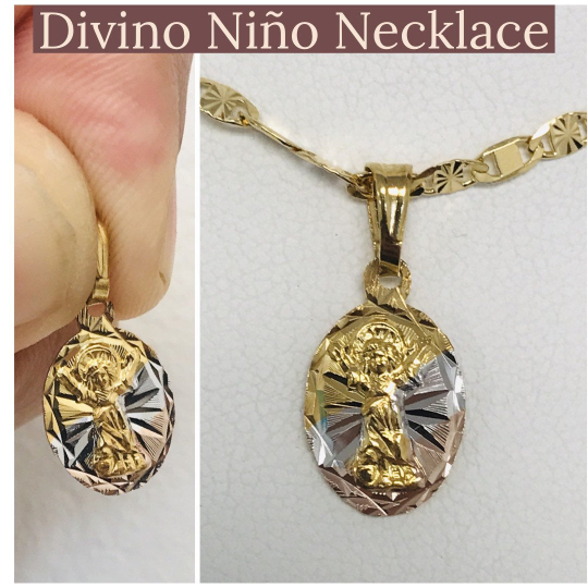 Baby Jesus Necklace Tri-Color Gold Filled Divino Niño Necklace 16x10mm Everyday Necklace /Cadena y Dije del Divino Niño Oro Laminado / Valentino Link Necklace