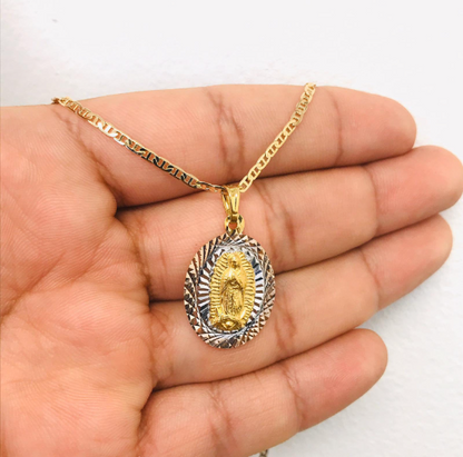 14K Gold Filled Virgen de Guadalupe Necklace / Diamond Cut Necklace / Mariner Link Chain 18" / Guadalupe Pendant 26x18mm / Cadena y Dije de la Virgen de Guadalupe en Oro Laminado