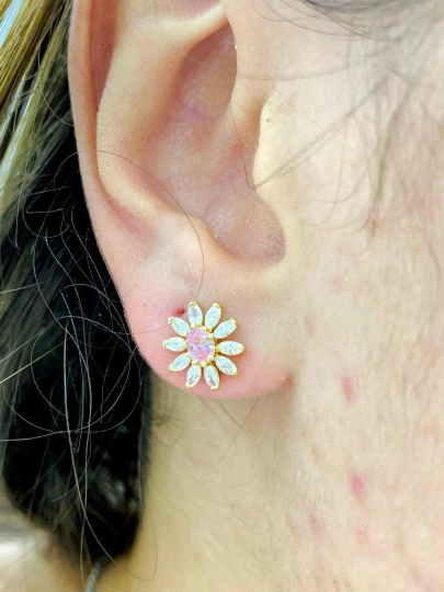 Flower Stud Earrings Pink Tourmaline Birthstone 14K Yellow Gold Earrings for Womens Girls Dainty CZ Screw Back Earrings 10x10 Aretes de Flor