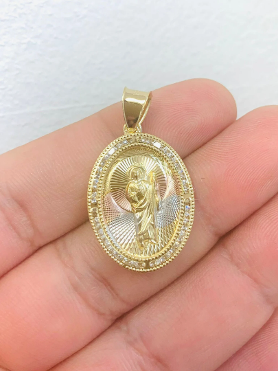 14K San Judas Pendant with CZ Stones Around Tri Color 28x20mm / Saint Jude Pendant for Womens Mens / Dije del San Judas Tres Colores de Oro Laminado