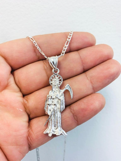 925 Sterling Silver Santa Muerte Necklace Figaro Link 24" 43x18mm 2.7mm 10g