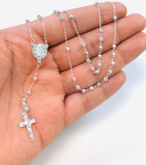 925 Sterling Silver Virgen de Guadalupe Rosary 20" Our Lady of Guadalupe Rosary 3mm beads Womens Necklace Jewelry / Rosario de la Guadalupe en Plata