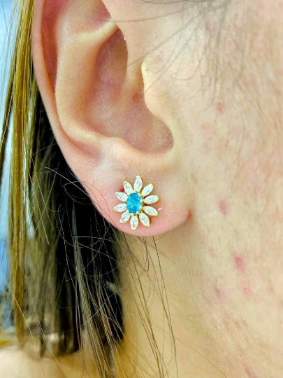 Dainty Birthstones Earrings Flower CZ Turquoise Stones 14K Yellow Gold Stud Earrings 10x10 for Womens Tiny Everyday Earrings Womens Jewelry