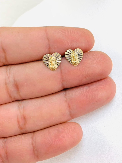 14K Yellow Gold Heart Virgen de Guadalupe Baby Kids Earrings Screw Back 9x9mm