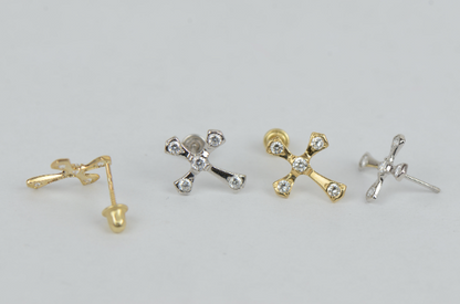 14K Yellow/White Gold Crucifix Earrings Screw Back, Cross Gold Earrings, CZ Stud Earrings