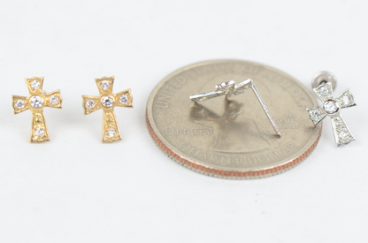 14K Yellow/White Gold CZ Cross Earrings / Screw Back Earrings / Stud Earrings / CZ Gold Earrings / Aretes en Oro Real de Cruz para Hombre y Mujer