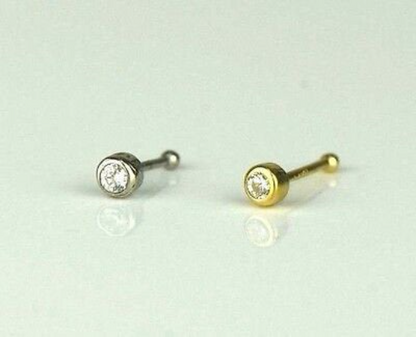 14k Yellow or White Gold CZ Round Bezel Nose Piercing Stud for Womens Mens / Nose Body Jewelry Solid Gold / Aretes de la Nariz Oro Real