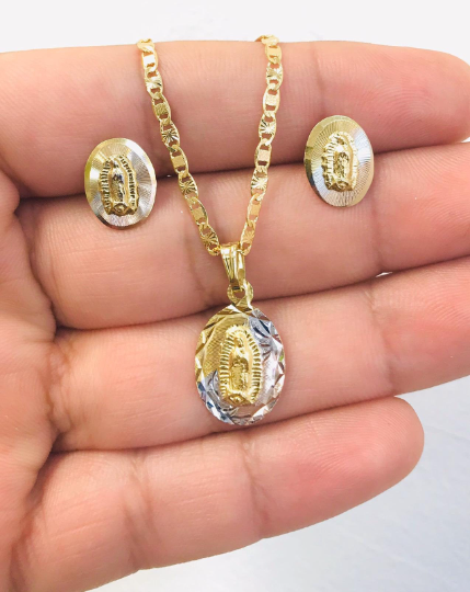 Set Virgen de Guadalupe Necklace Earrings Push Back / Womens Gold Filled Set Guadalupe Necklace / Valentino Link Chain With Guadalupe Pendant / Cadena con Dije y Aretes de la Guadalupe